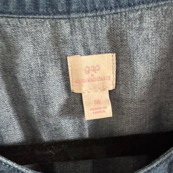 New Gap x LoveShackFancy Denim Tiered Midi Dress Blue Ruffle Button Sz M - Picture 6 of 10